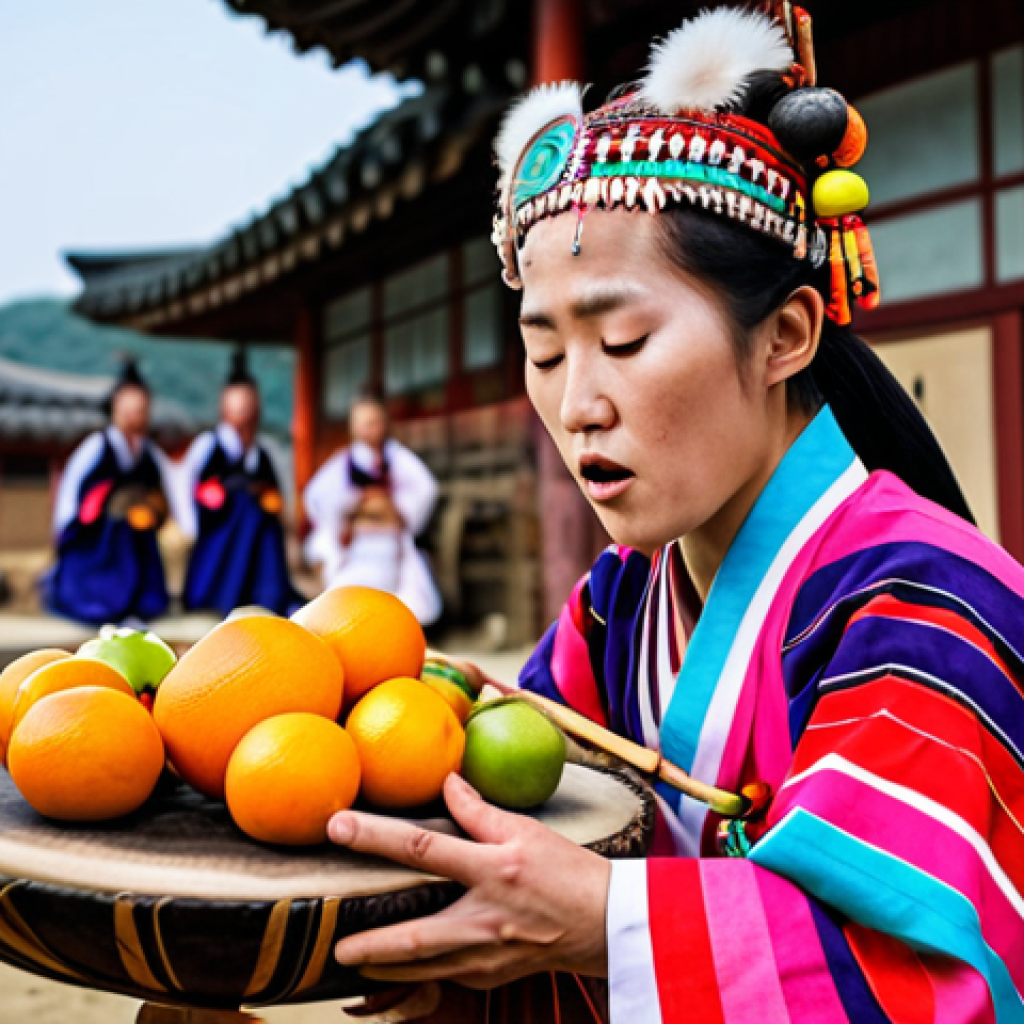 **

A Korean *mudang* (shaman) intensely playing a *janggu* drum during a *gut* ritual. She is dressed in vibrant, traditional Korean clothing. The scene is filled with colorful offerings of fruit and food. Focus on the rhythmic energy and connection to the spiritual world. The background is blurred, suggesting movement and trance. The lighting should emphasize the shaman's face and the musical instrument.

**