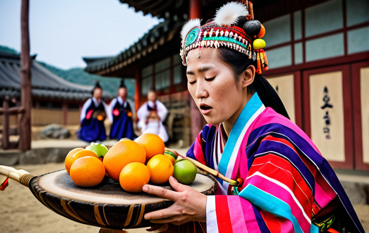**

A Korean *mudang* (shaman) intensely playing a *janggu* drum during a *gut* ritual. She is dressed in vibrant, traditional Korean clothing. The scene is filled with colorful offerings of fruit and food. Focus on the rhythmic energy and connection to the spiritual world. The background is blurred, suggesting movement and trance. The lighting should emphasize the shaman's face and the musical instrument.

**