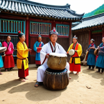 ** A vibrant, colorful shamanic ritual in a remote Korean village. Focus on the shaman in trance, surrounded by villagers and the instruments (drum, gongs). The atmosphere should be mystical and energetic.

**