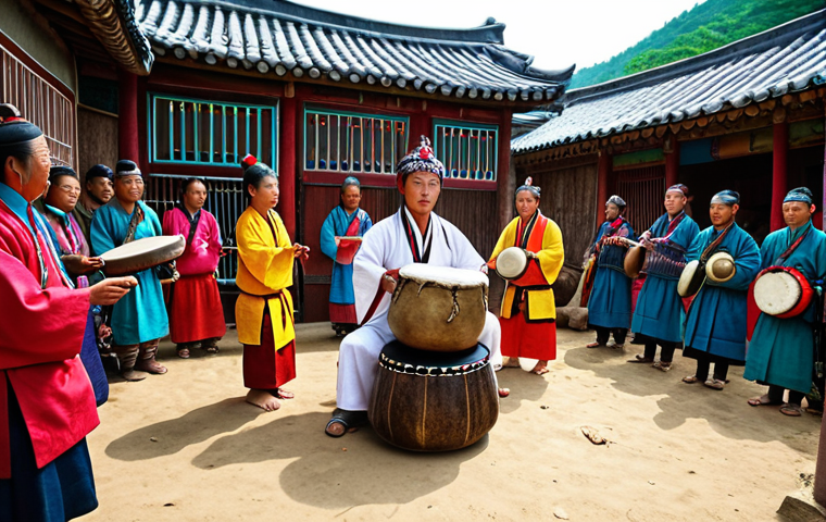** A vibrant, colorful shamanic ritual in a remote Korean village. Focus on the shaman in trance, surrounded by villagers and the instruments (drum, gongs). The atmosphere should be mystical and energetic.

**