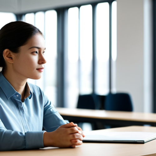 A contemplative person in their late 20s, dressed in a modest business casual outfit, sits calmly at a sleek modern desk in a bustling, bright open-plan office. The background is softly blurred to suggest activity without distracting, highlighting the individual's serene, introspective expression. Soft natural light streams through a large window, creating a peaceful atmosphere around the subject. The pose is natural, conveying a moment of quiet reflection amidst the modern world. fully clothed, appropriate attire, safe for work, perfect anatomy, correct proportions, natural pose, professional dress, well-formed hands, proper finger count, natural body proportions, high quality, family-friendly.