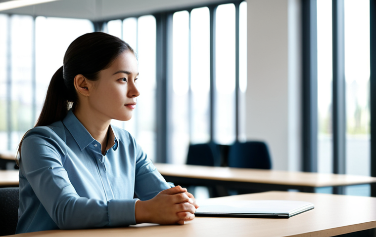 A contemplative person in their late 20s, dressed in a modest business casual outfit, sits calmly at a sleek modern desk in a bustling, bright open-plan office. The background is softly blurred to suggest activity without distracting, highlighting the individual's serene, introspective expression. Soft natural light streams through a large window, creating a peaceful atmosphere around the subject. The pose is natural, conveying a moment of quiet reflection amidst the modern world. fully clothed, appropriate attire, safe for work, perfect anatomy, correct proportions, natural pose, professional dress, well-formed hands, proper finger count, natural body proportions, high quality, family-friendly.