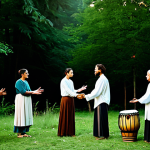A diverse group of adults, fully clothed in modest, comfortable, natural-fiber attire, engaged in a communal activity at a modern shamanic festival. They are standing in a lush green forest clearing at twilight, surrounded by ancient, majestic trees. A subtle warm glow emanates from a central area, suggesting a respectful gathering space. Some individuals gently hold hand drums, while others stand with open hands, reflecting a sense of reverence, connection, and peaceful spiritual exploration. The scene captures natural poses and a strong sense of community. Perfect anatomy, correct proportions, well-formed hands, proper finger count, natural body proportions. Professional photography, high quality, realistic, safe for work, appropriate content, family-friendly.