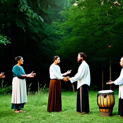 A diverse group of adults, fully clothed in modest, comfortable, natural-fiber attire, engaged in a communal activity at a modern shamanic festival. They are standing in a lush green forest clearing at twilight, surrounded by ancient, majestic trees. A subtle warm glow emanates from a central area, suggesting a respectful gathering space. Some individuals gently hold hand drums, while others stand with open hands, reflecting a sense of reverence, connection, and peaceful spiritual exploration. The scene captures natural poses and a strong sense of community. Perfect anatomy, correct proportions, well-formed hands, proper finger count, natural body proportions. Professional photography, high quality, realistic, safe for work, appropriate content, family-friendly.