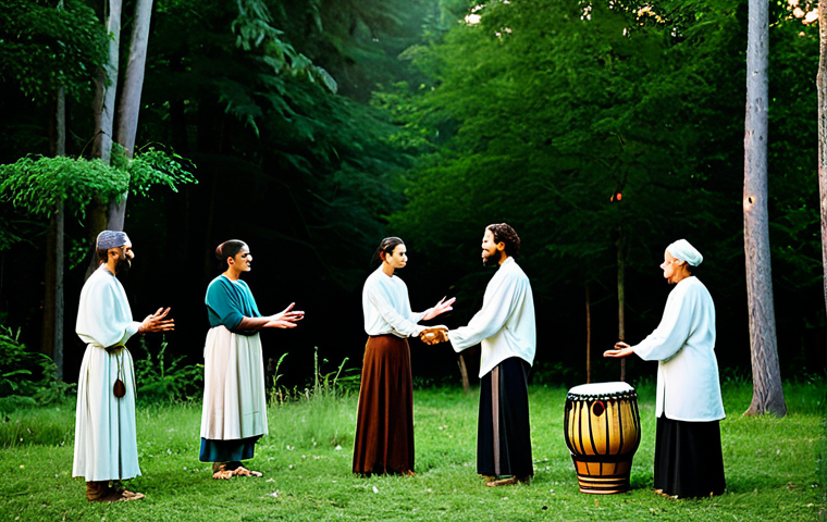 A diverse group of adults, fully clothed in modest, comfortable, natural-fiber attire, engaged in a communal activity at a modern shamanic festival. They are standing in a lush green forest clearing at twilight, surrounded by ancient, majestic trees. A subtle warm glow emanates from a central area, suggesting a respectful gathering space. Some individuals gently hold hand drums, while others stand with open hands, reflecting a sense of reverence, connection, and peaceful spiritual exploration. The scene captures natural poses and a strong sense of community. Perfect anatomy, correct proportions, well-formed hands, proper finger count, natural body proportions. Professional photography, high quality, realistic, safe for work, appropriate content, family-friendly.