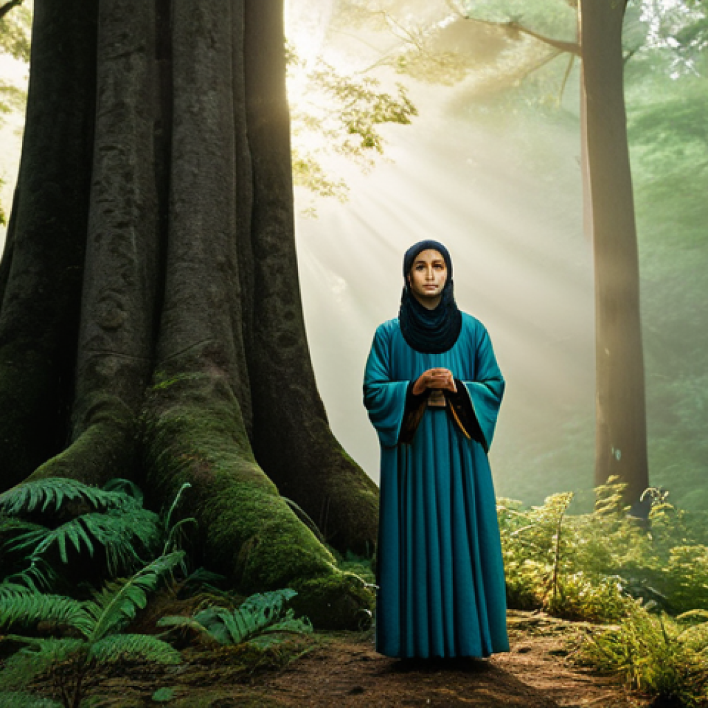 A wise spiritual guide, fully clothed in traditional, modest ceremonial attire, stands with a serene expression in a lush, ancient forest at dawn. Gentle mist rises from the forest floor, and soft, golden light filters through the towering trees. The guide's hands are in a respectful, natural gesture, evoking a deep connection to the natural environment and ancestral wisdom. The scene emphasizes tranquility, reverence for nature, and a profound sense of spiritual presence. Perfect anatomy, correct proportions, natural pose, well-formed hands, proper finger count, natural body proportions. Professional photography, cinematic lighting, high quality, safe for work, appropriate content, family-friendly.