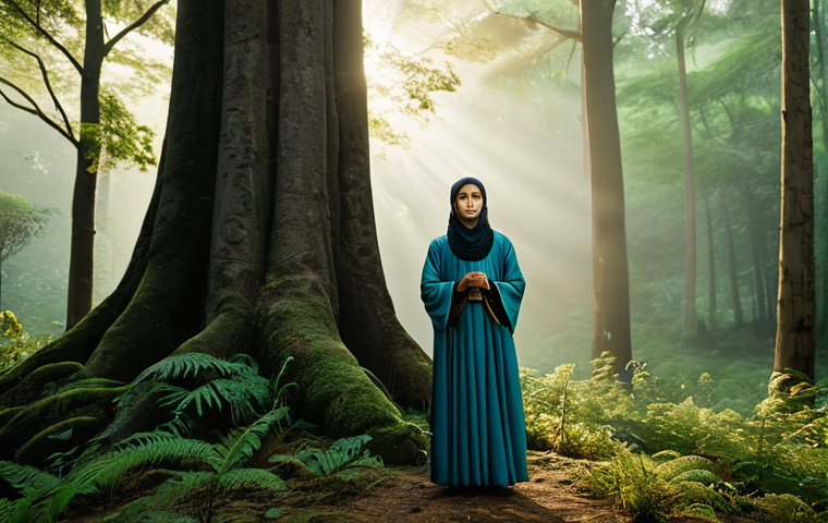 A wise spiritual guide, fully clothed in traditional, modest ceremonial attire, stands with a serene expression in a lush, ancient forest at dawn. Gentle mist rises from the forest floor, and soft, golden light filters through the towering trees. The guide's hands are in a respectful, natural gesture, evoking a deep connection to the natural environment and ancestral wisdom. The scene emphasizes tranquility, reverence for nature, and a profound sense of spiritual presence. Perfect anatomy, correct proportions, natural pose, well-formed hands, proper finger count, natural body proportions. Professional photography, cinematic lighting, high quality, safe for work, appropriate content, family-friendly.