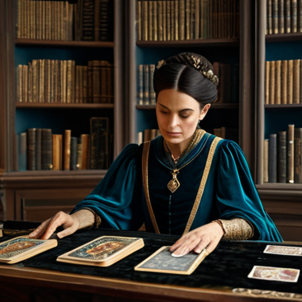 **

"A professional Tarot card reader in a modest, elegantly decorated reading room. She is fully clothed in a stylish, yet respectful dress, focusing intently on the cards laid out before her on a velvet-covered table. Soft, diffused lighting creates a mystical yet comforting atmosphere. Bookshelves filled with ancient tomes line the walls. Safe for work, appropriate content, perfect anatomy, natural pose, professional photography, high quality, modest attire."

**