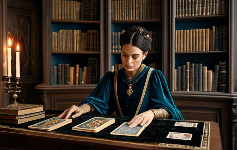 **

"A professional Tarot card reader in a modest, elegantly decorated reading room. She is fully clothed in a stylish, yet respectful dress, focusing intently on the cards laid out before her on a velvet-covered table. Soft, diffused lighting creates a mystical yet comforting atmosphere. Bookshelves filled with ancient tomes line the walls. Safe for work, appropriate content, perfect anatomy, natural pose, professional photography, high quality, modest attire."

**