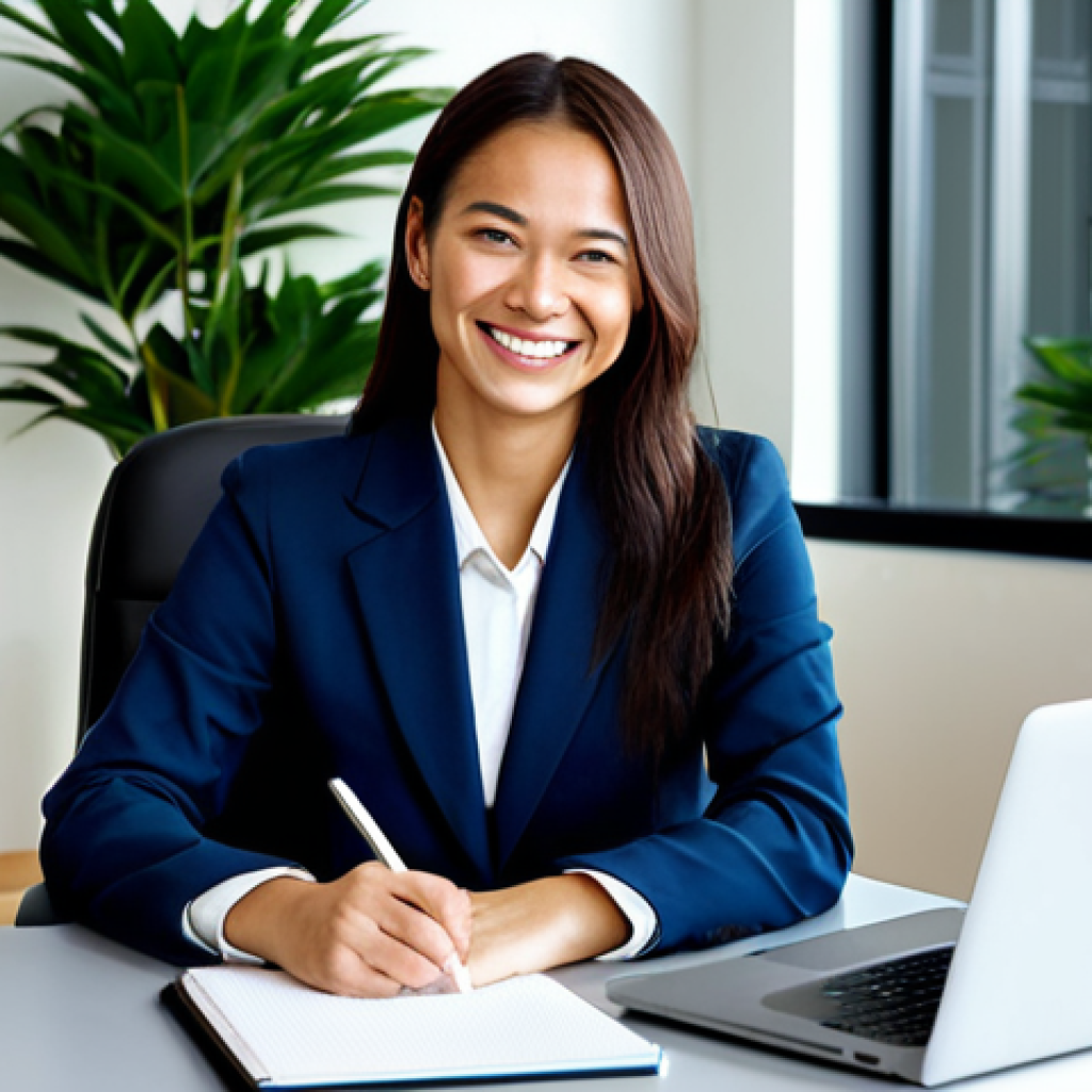 **

"A woman in a professional setting, wearing a modest business suit, sitting at a desk with a laptop and notepad. She is smiling slightly, looking approachable and confident. The background is a modern office space with plants and soft lighting.  Fully clothed, appropriate attire, safe for work, perfect anatomy, natural proportions, professional, family-friendly, high-resolution."

**