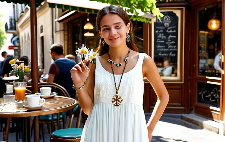Symbolic Jewelry**

"A young woman with perfect anatomy, wearing a modest, flowing dress, stands in a sunlit Parisian café. She wears a delicate necklace featuring an ancient symbol (e.g., Tree of Life, Ankh). The background is a soft focus of cafe patrons and flowers. Proper finger count, well-formed hands, appropriate attire. Professional photography, high resolution, safe for work, family-friendly, fully clothed."

**