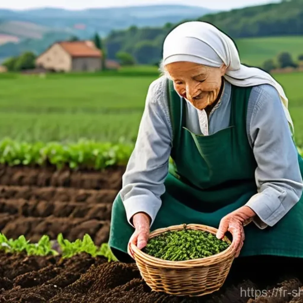 무속 의식에서 농업 관련 굿 - The Sacred Sowing: A Grandmother's Blessing**

**Prompt:** A serene, weathered elderly French woman,...