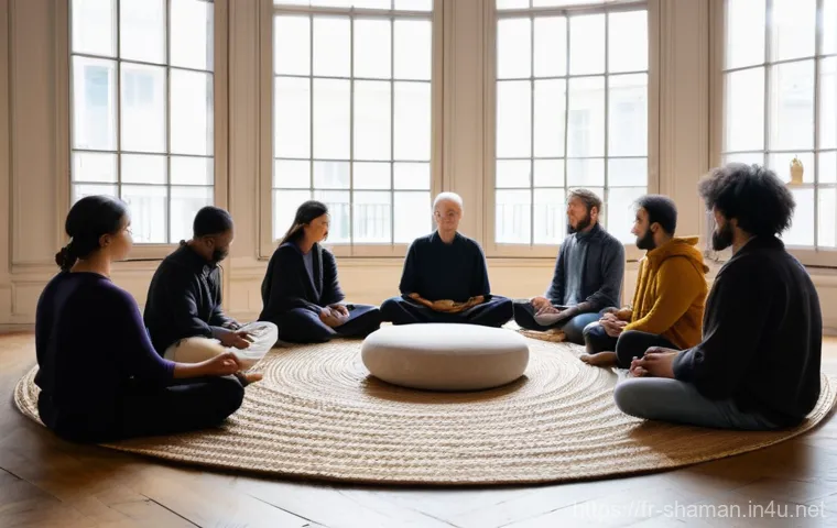 무속의 현대적 변주 - **Prompt:** A serene and inclusive urban shamanic drumming circle taking place in a beautifully conv...