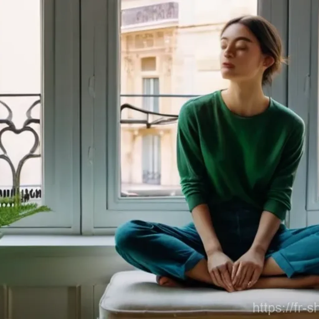 무속의 세계화 사례 - **Prompt:** A young woman, appearing to be in her late 20s, with a contemplative expression, sits cr...