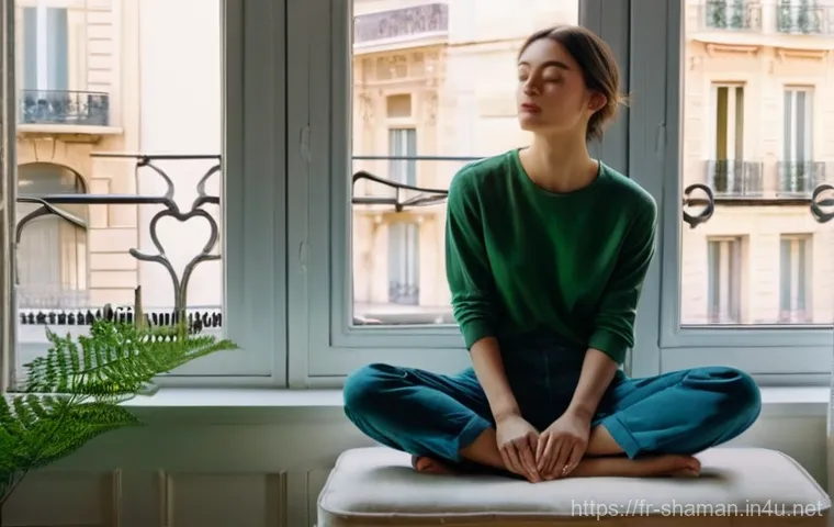 무속의 세계화 사례 - **Prompt:** A young woman, appearing to be in her late 20s, with a contemplative expression, sits cr...