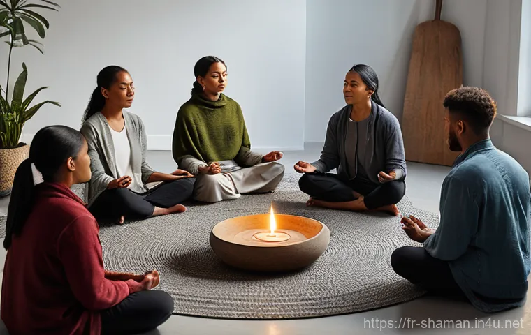 무속의 세계화 사례 - **Prompt:** A young woman, appearing to be in her late 20s, with a contemplative expression, sits cr...