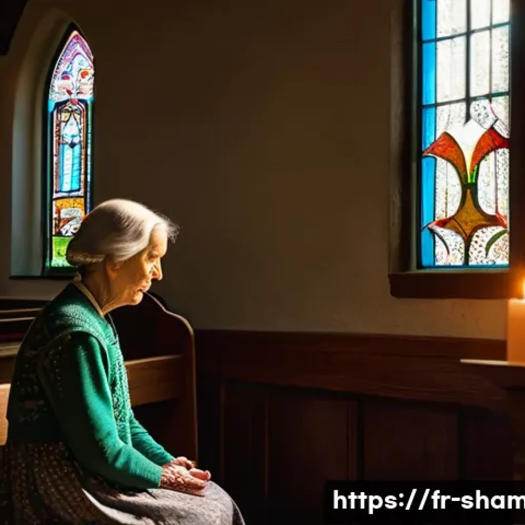 무속 신당에서 기도하는 방법 - **Prompt:** A serene, sunlit interior of a small countryside chapel in France. An elderly woman with...
