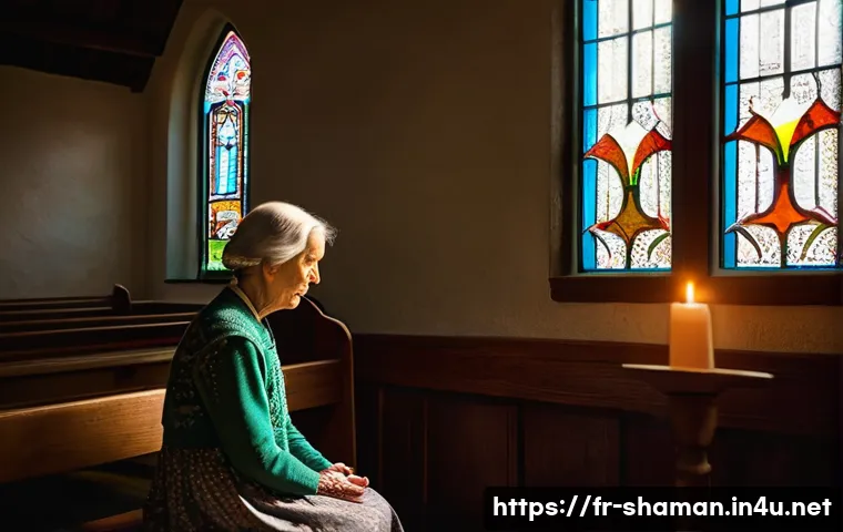 무속 신당에서 기도하는 방법 - **Prompt:** A serene, sunlit interior of a small countryside chapel in France. An elderly woman with...