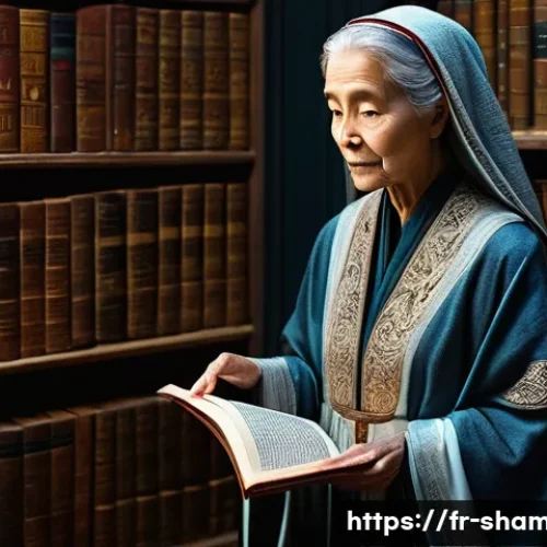 Home 33 무속 신앙과 AI의 결합 - **Prompt 1: Ancient Wisdom Meets AI Exploration**
A wise, elderly woman with a serene expression...