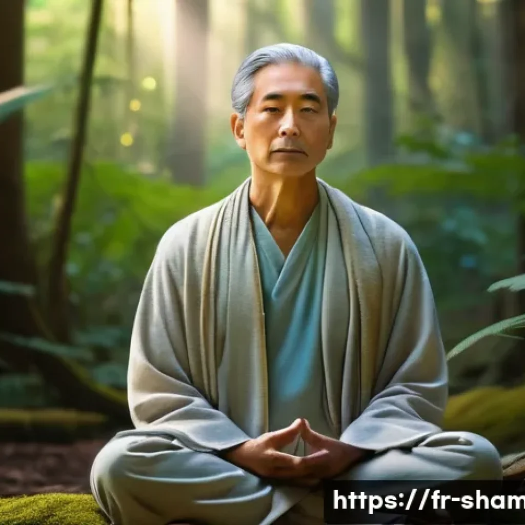 무속과 과학적 접근 - **Prompt:** A serene adult individual, dressed in comfortable, modest, earthy-toned clothing, medita...