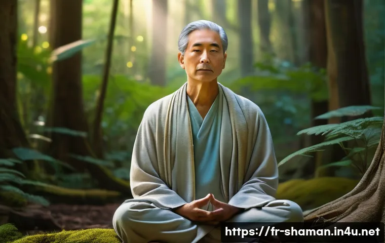 무속과 과학적 접근 - **Prompt:** A serene adult individual, dressed in comfortable, modest, earthy-toned clothing, medita...