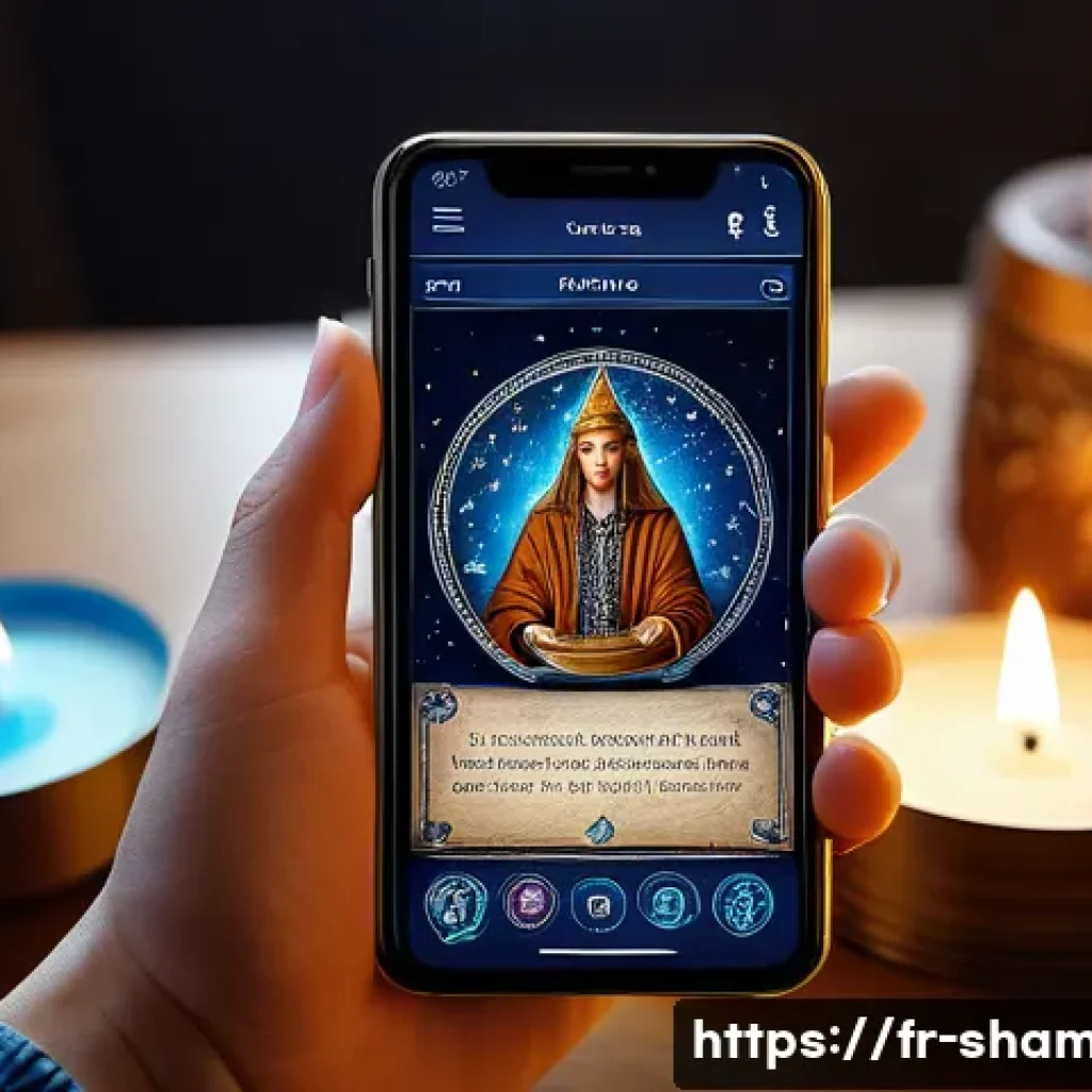 무속 관련 앱 - A modern digital oracle app interface displayed on a sleek smartphone held by a young adult with a l...