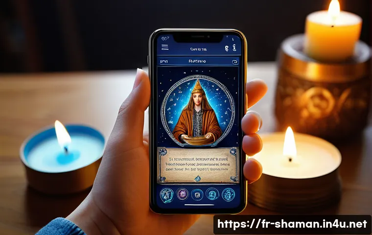 무속 관련 앱 - A modern digital oracle app interface displayed on a sleek smartphone held by a young adult with a l...