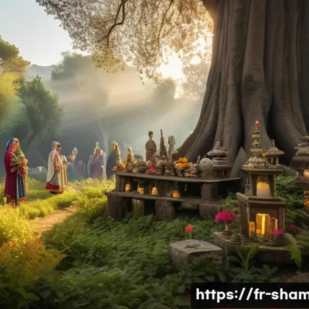 무속 신과 조상 신 - A serene ancient forest scene at dawn in southern France, featuring an old sacred tree surrounded by...