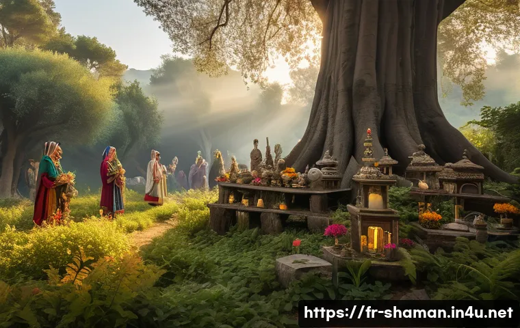 무속 신과 조상 신 - A serene ancient forest scene at dawn in southern France, featuring an old sacred tree surrounded by...