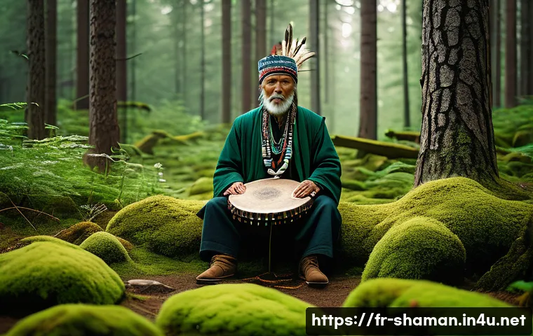 무속 의식의 종교적 의미 - A serene shamanic ritual scene deep in a lush, ancient forest in Siberia, featuring a middle-aged ma...