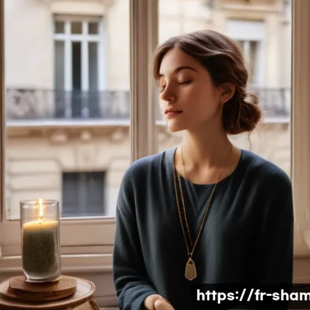무속 부적 후기 - A serene, softly lit scene featuring a young adult wearing a delicate amethyst pendant necklace over...