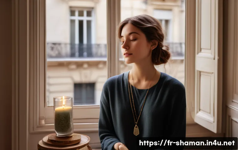 무속 부적 후기 - A serene, softly lit scene featuring a young adult wearing a delicate amethyst pendant necklace over...