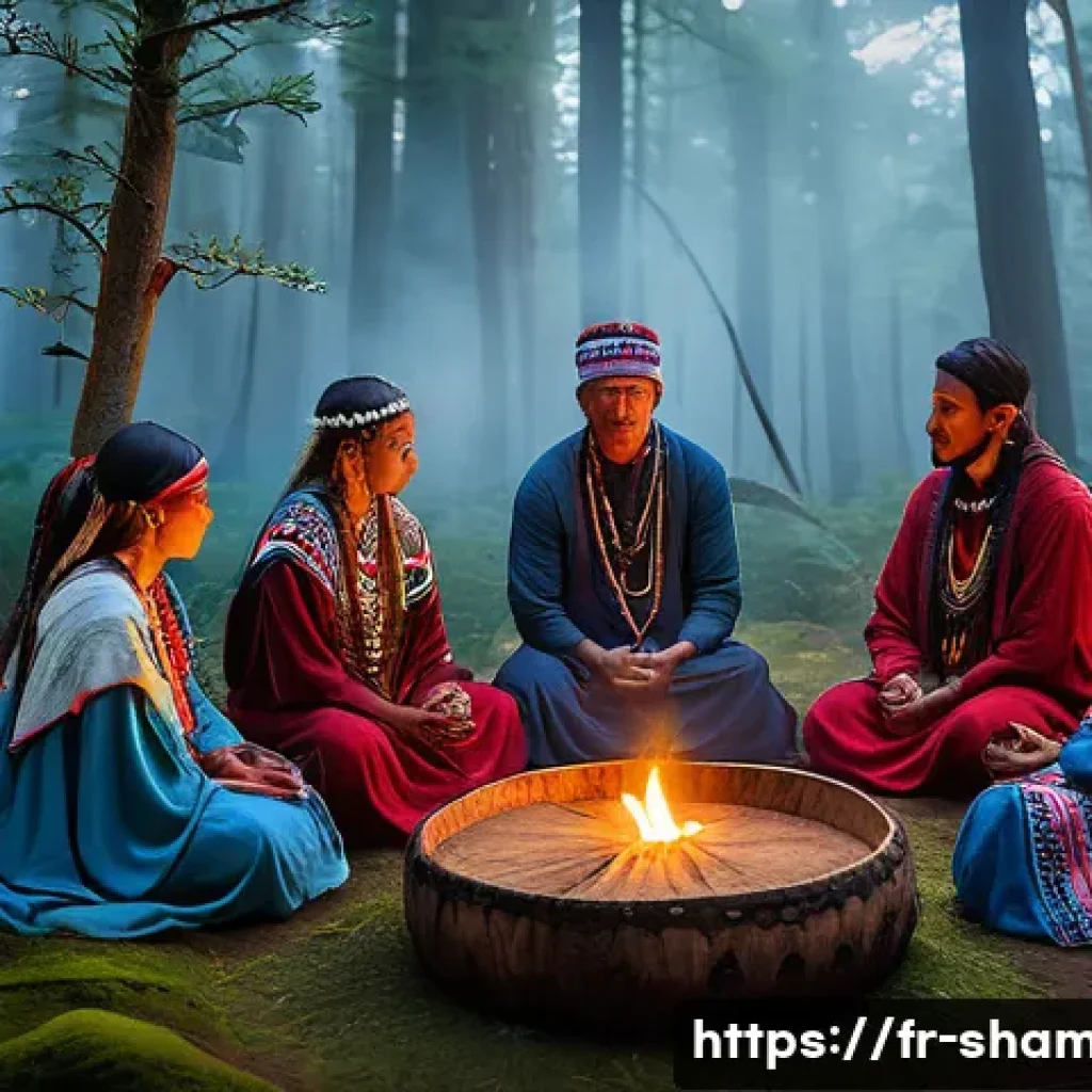 무속인의 신비로운 체험 - A serene forest shamanic ceremony at dusk, featuring a diverse group of people wearing modest natura...
