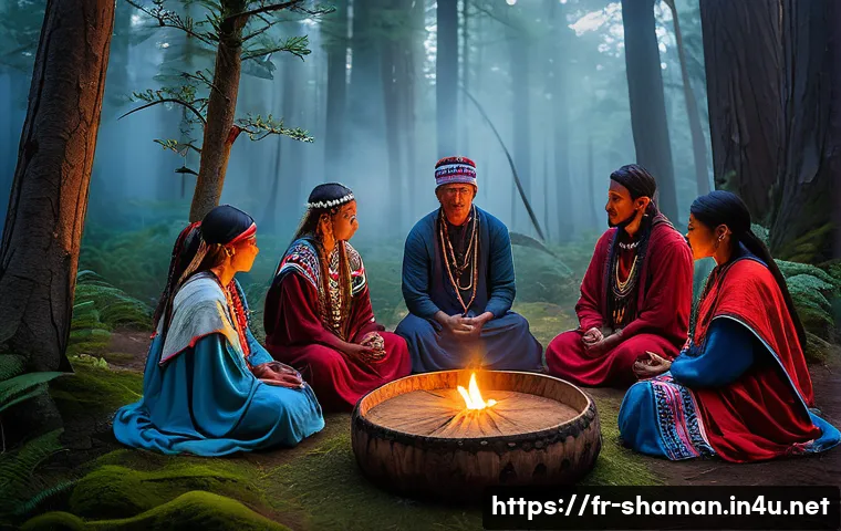 무속인의 신비로운 체험 - A serene forest shamanic ceremony at dusk, featuring a diverse group of people wearing modest natura...