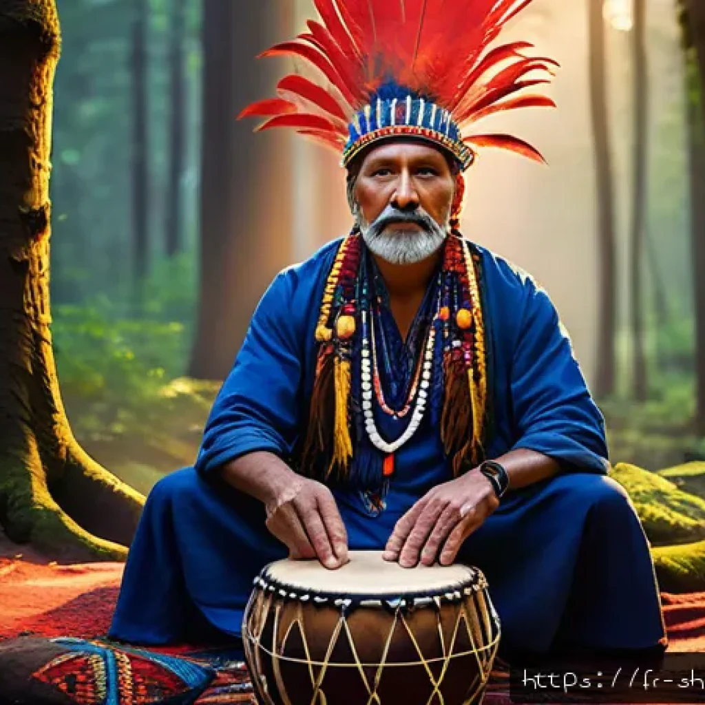 무속 신화 속 인물들 - A serene shamanic ritual scene set in a dense European forest during twilight, featuring a middle-ag...