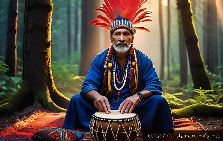 무속 신화 속 인물들 - A serene shamanic ritual scene set in a dense European forest during twilight, featuring a middle-ag...
