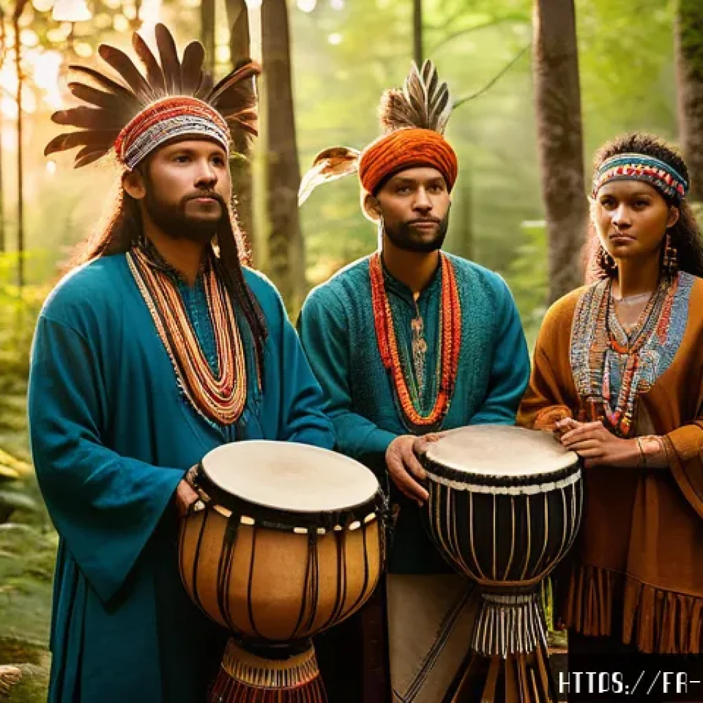 무속 관련 논문 - A modern European shamanic ceremony in a lush forest clearing during golden hour, featuring diverse ...