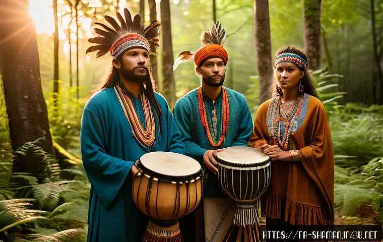 무속 관련 논문 - A modern European shamanic ceremony in a lush forest clearing during golden hour, featuring diverse ...