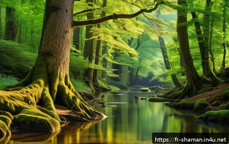 무속과 자연 보호 활동 - A serene ancient forest in Brittany, France, with towering oak and beech trees bathed in soft golden...