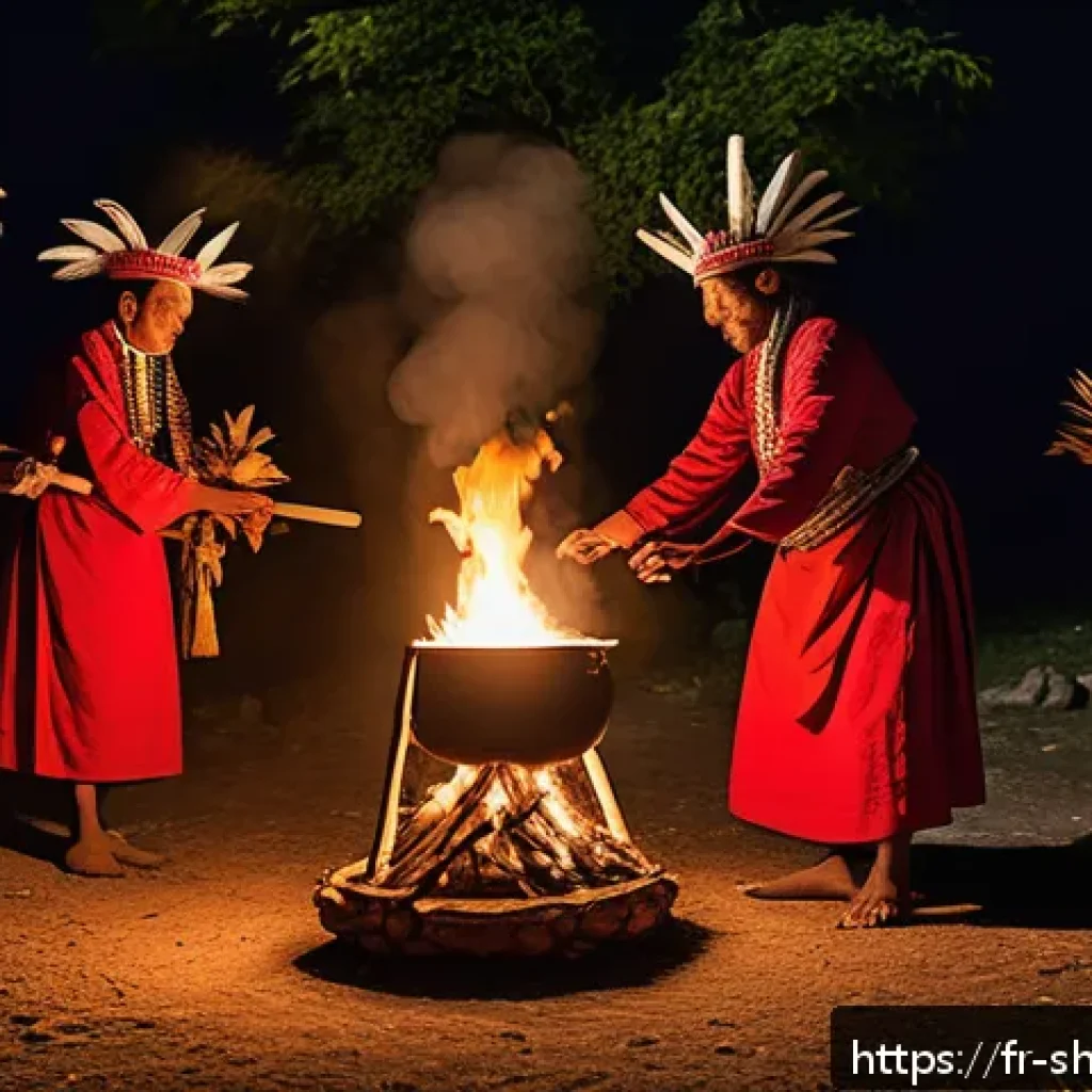 무속 관련 다큐멘터리 - A traditional ritual scene set outdoors at twilight in a French rural village, featuring a group of ...