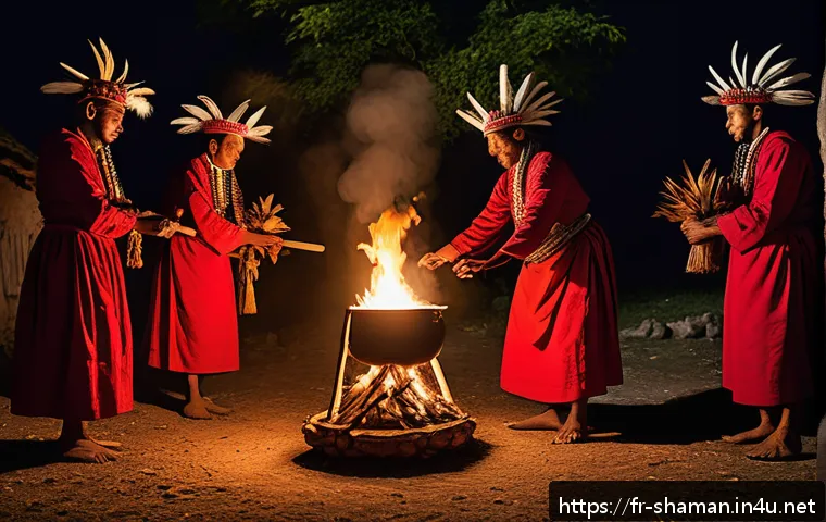 무속 관련 다큐멘터리 - A traditional ritual scene set outdoors at twilight in a French rural village, featuring a group of ...