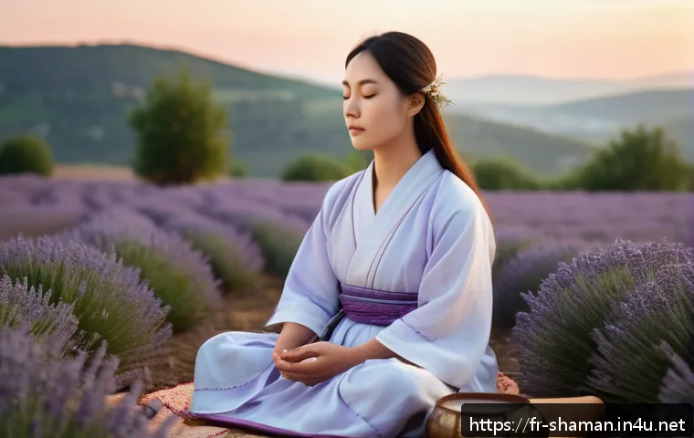 무속 신 내림 증상 - A serene scene depicting a French countryside meditation ritual inspired by Korean shamanism traditi...