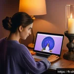 Home 21 무속 서비스의 디지털화 - A cozy, modern home office setting where a young French woman in casual clothing consults an online ...