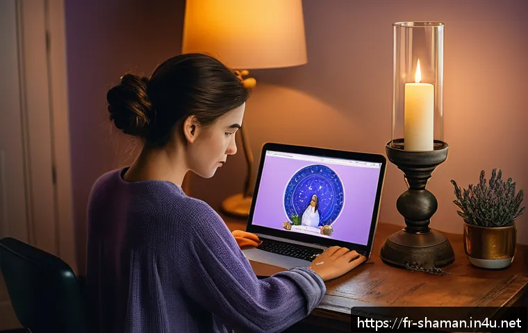 무속 서비스의 디지털화 - A cozy, modern home office setting where a young French woman in casual clothing consults an online ...