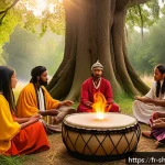 Home 19 무속 관련 축제 - A vibrant mystical festival set in a lush forest clearing during golden hour, featuring a diverse gr...