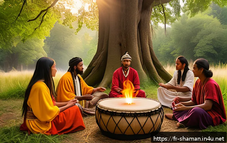 무속 관련 축제 - A vibrant mystical festival set in a lush forest clearing during golden hour, featuring a diverse gr...