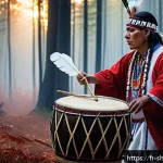 Home 18 무속 신앙의 민속적 의미 - A detailed scene of a Native American shamanic ritual inside a sacred forest clearing during twiligh...