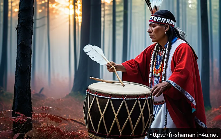 무속 신앙의 민속적 의미 - A detailed scene of a Native American shamanic ritual inside a sacred forest clearing during twiligh...