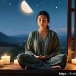 Home 23 무속의 금기 행동 - A serene meditation scene set in a softly lit room with natural elements reflecting the lunar cycle ...