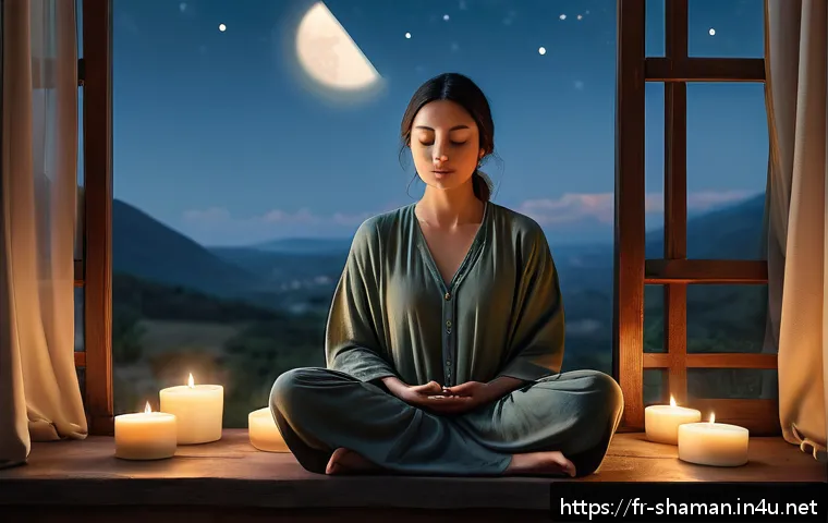 무속의 금기 행동 - A serene meditation scene set in a softly lit room with natural elements reflecting the lunar cycle ...